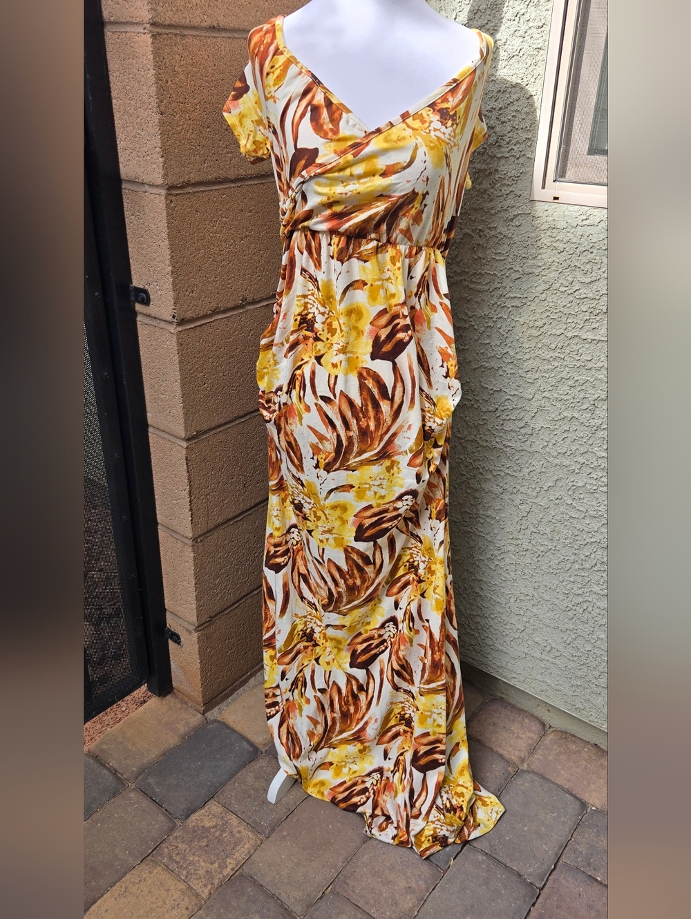 Mother Bee MaternityFloral Yellow & Brown Maxi Dress Summer Wrap Style